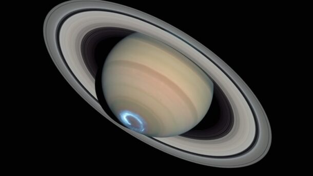 The planet Saturn and its rings as seen from space